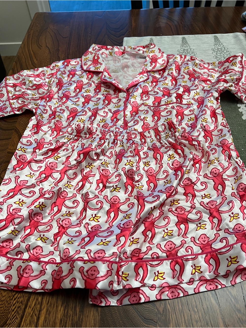 Women’s Satin Pajama Top and Short Set with Playful Monkey Print - Pink & Yellow